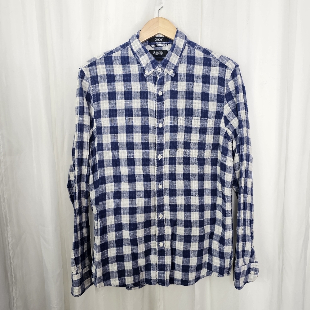Nordstrom Men's Shop Trim Fit blue and white plaid button-down shirt Large